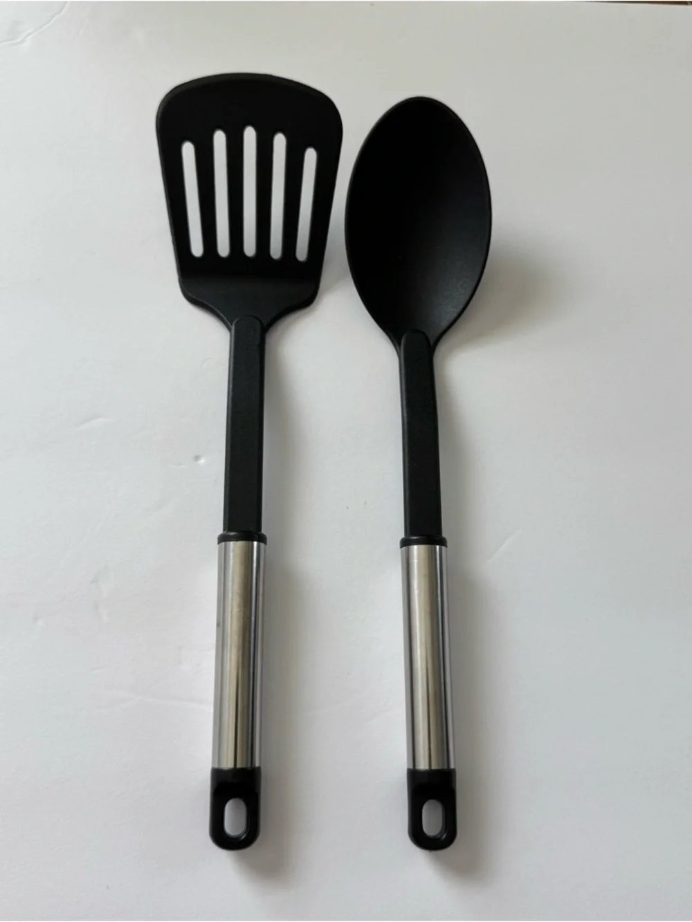 Black Nylon Slotted Turner and Spoon Set with Stainless Accents